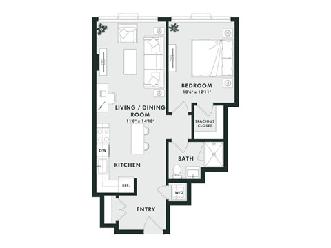 A floor plan of a house with a living room, dining room, kitchen, bathroom, and bedroom.
